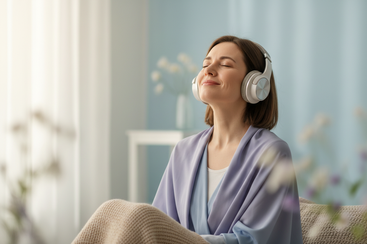 Mujer en paz escuchando audio